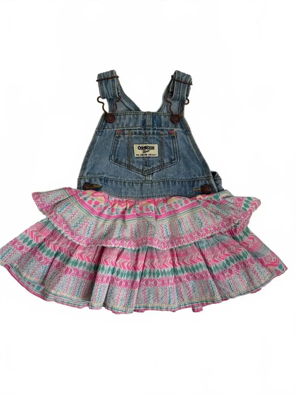 Oshkosh | Baby Girls Denim Overall Dress Romper Pink Turquoise Size 9 Mo